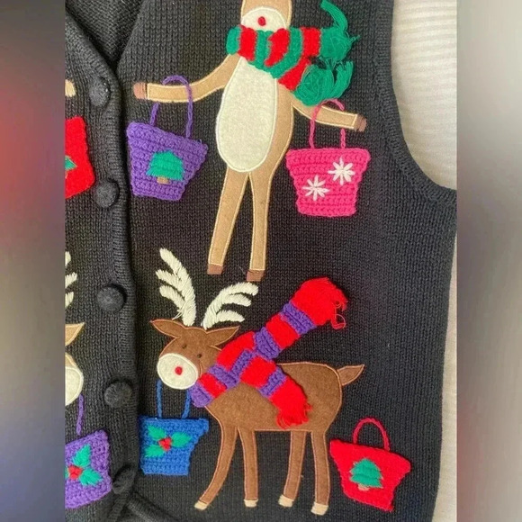 Vintage Belle Pointe Cardigan Sweater Christmas Reindeer SZ M Knit Winter - Picture 2 of 7